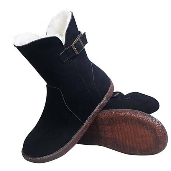 Black Ankle Boot Womens Size 5.5 Buckle Accent Faux Fur Bootie - Picture 9 of 9